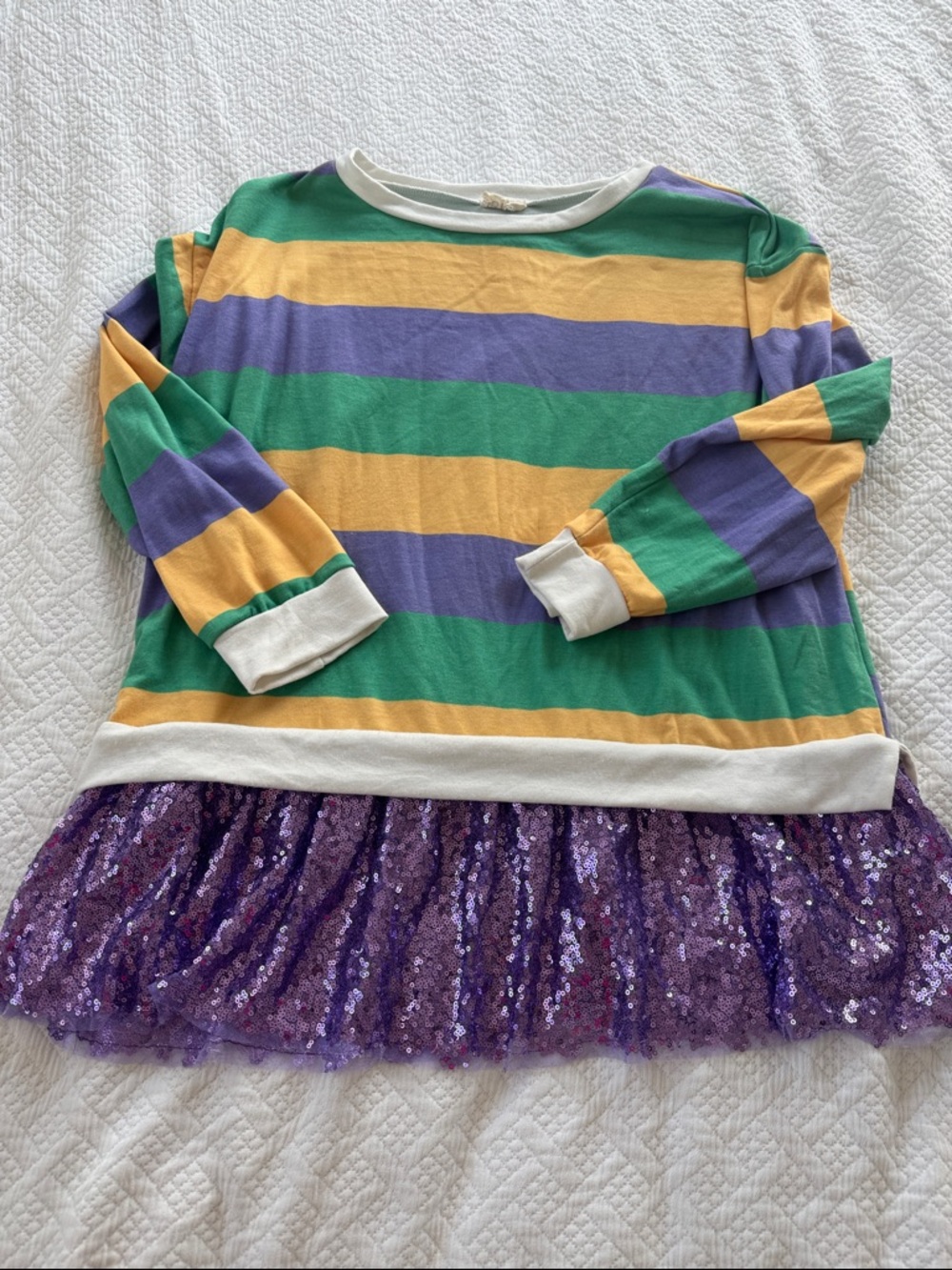 BiBi Green, Yellow & Purple Striped Sweatshirt with Purple Sequin Hem